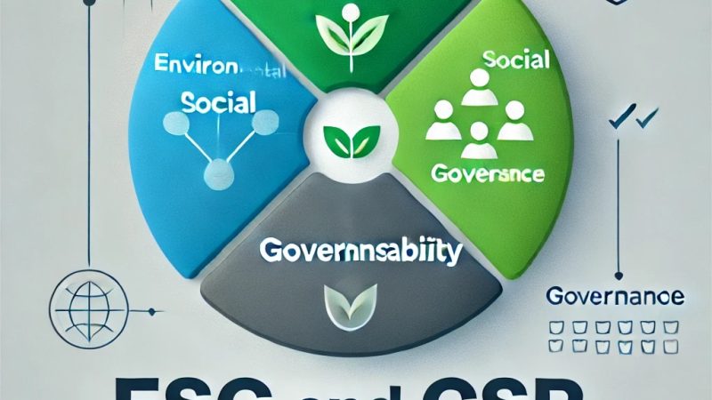 A minimalist illustration representing an article on ESG Environmental Social Governance and CSR Corporate Social Responsibility in Romania. The